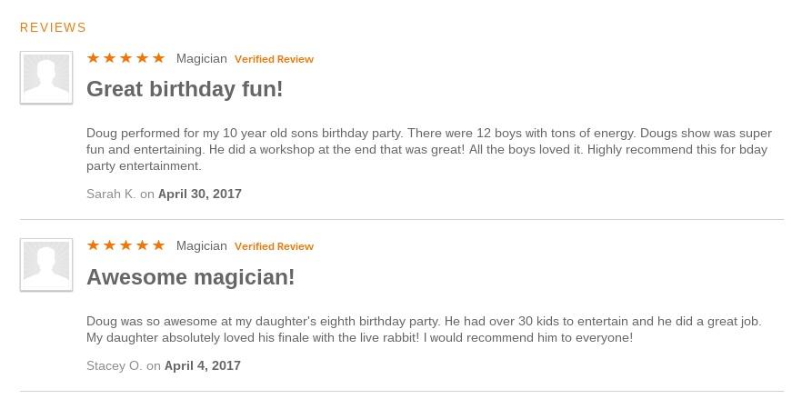 Reviews of Doug's magic show by happy parents!